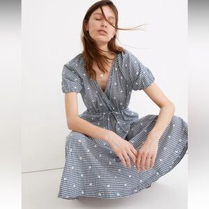 Embroidered Gingham Faux-Wrap Tie-Waist Midi Dress